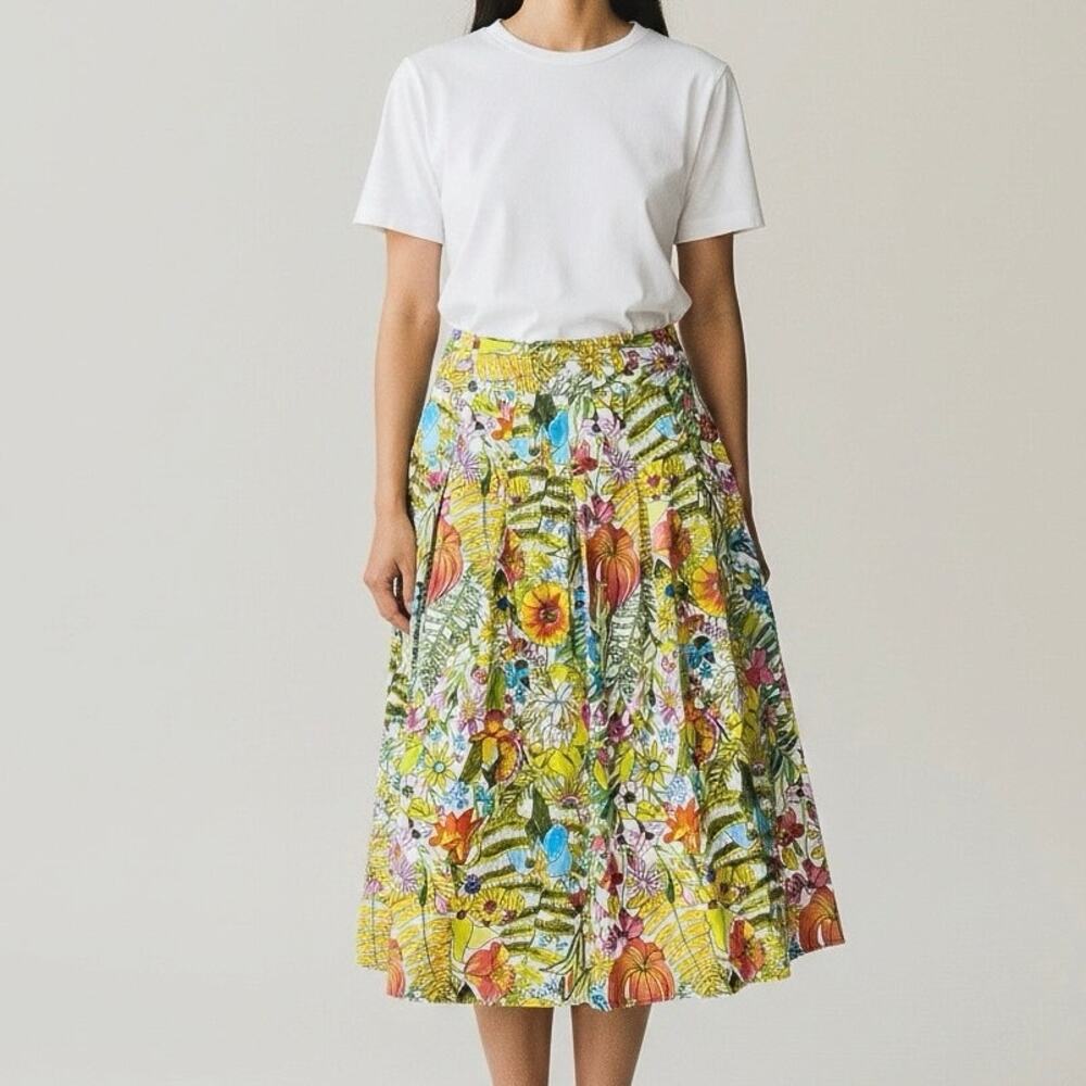 Marie Oliver Pleated Floral Linen Midi Skirt - 4